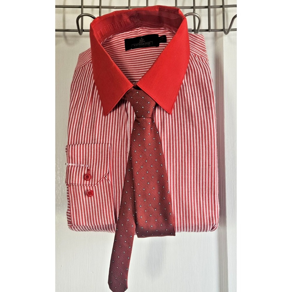 NWT VITTORINO men XL 34/35 red white striped shirt w/dotted burgundy‎ belt combo